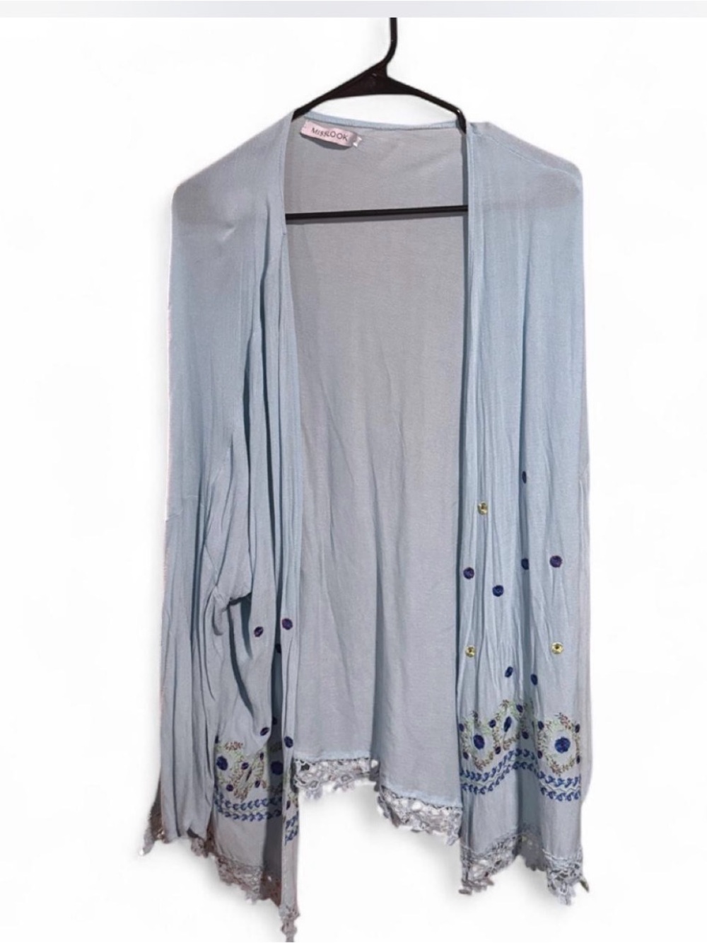 MISSLOOK Pale Blue Embroidered Open-Front Cardigan